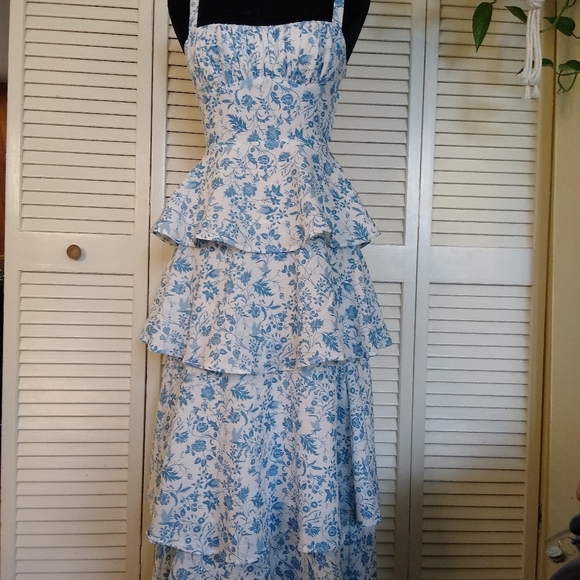 Selfie Leslie Blue Floral Peplum Ruffle Tiered Midi Dress Bow Back XS - Picture 11 of 11